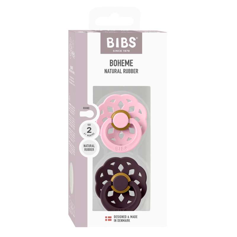 BIBS Rund Boheme Sut - 2-Pak - Str. 2 - Naturgummi - Baby Pink/Plum