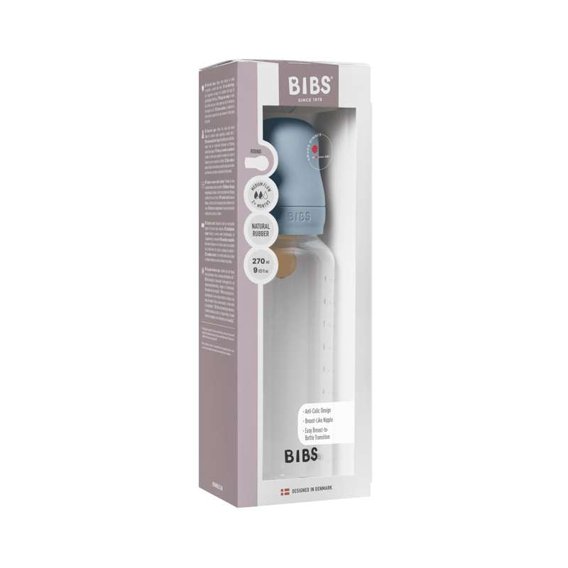 BIBS Bottle - Sutteflaskesæt - Plastik - Latex/Medium Flow/Rund - 270 ml. - Baby Blue