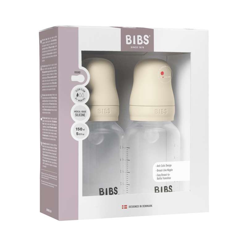BIBS Bottle - Sutteflaskesæt - Plastik - Silikone/Slow Flow/Rund - 150 ml. - 2-Pak - Ivory