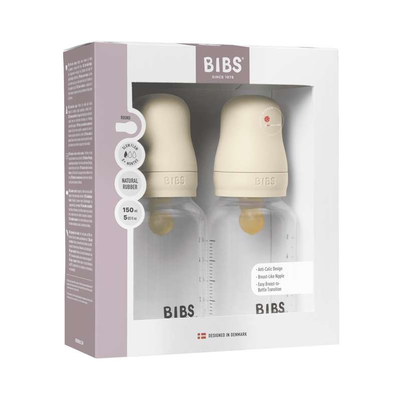 BIBS Bottle - Sutteflaskesæt - Plastik - Naturgummi/Slow Flow/Rund - 150ml - 2-Pak - Ivory