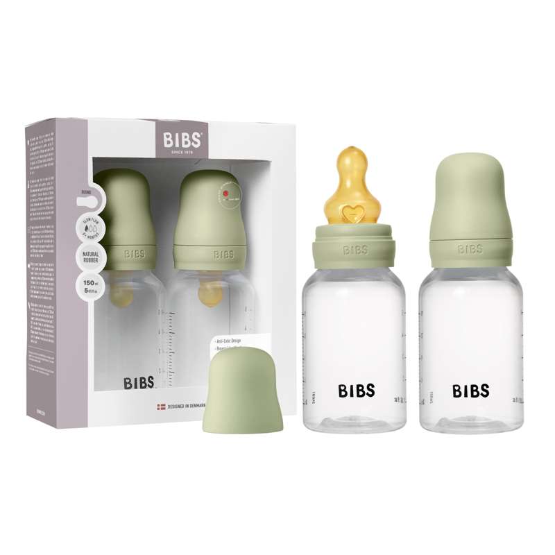 BIBS Bottle - Sutteflaskesæt - Plastik - 2-pak - Naturgummi/Slow Flow/Rund - 150ml - Sage