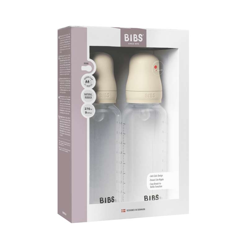 BIBS Bottle - Sutteflaskesæt - Plastik - Silikone/Medium Flow/Rund - 270 ml. - 2-Pak - Ivory