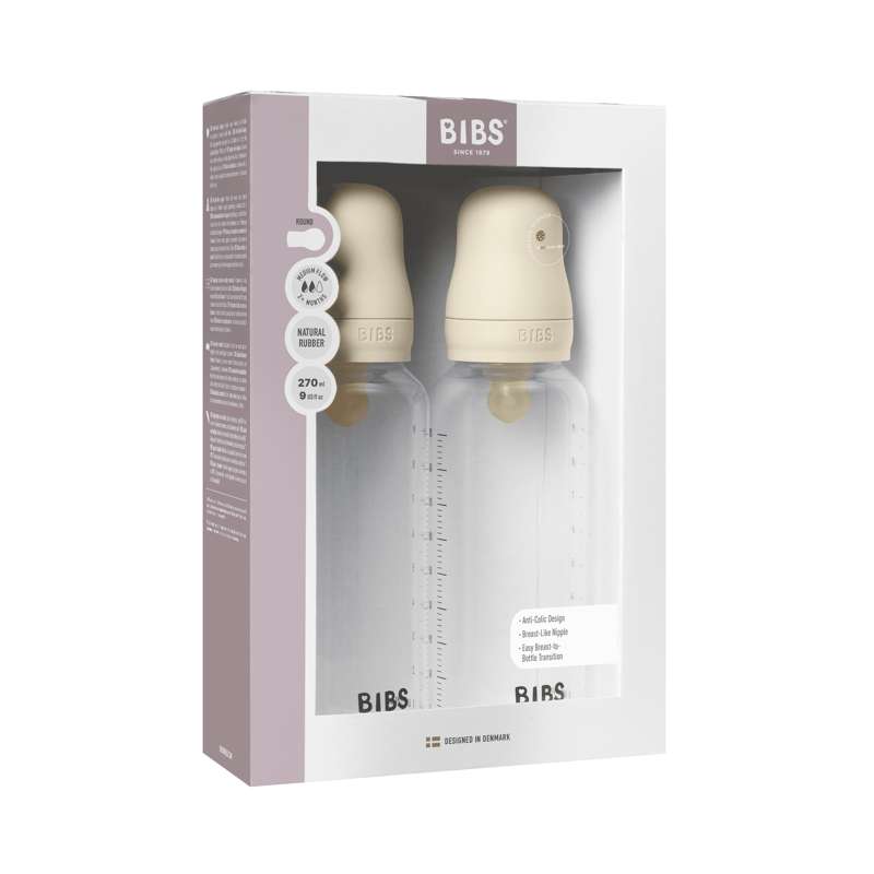 BIBS Bottle - Sutteflaskesæt - Plastik - Naturgummi/Medium Flow/Rund - 270ml - 2-Pak - Ivory