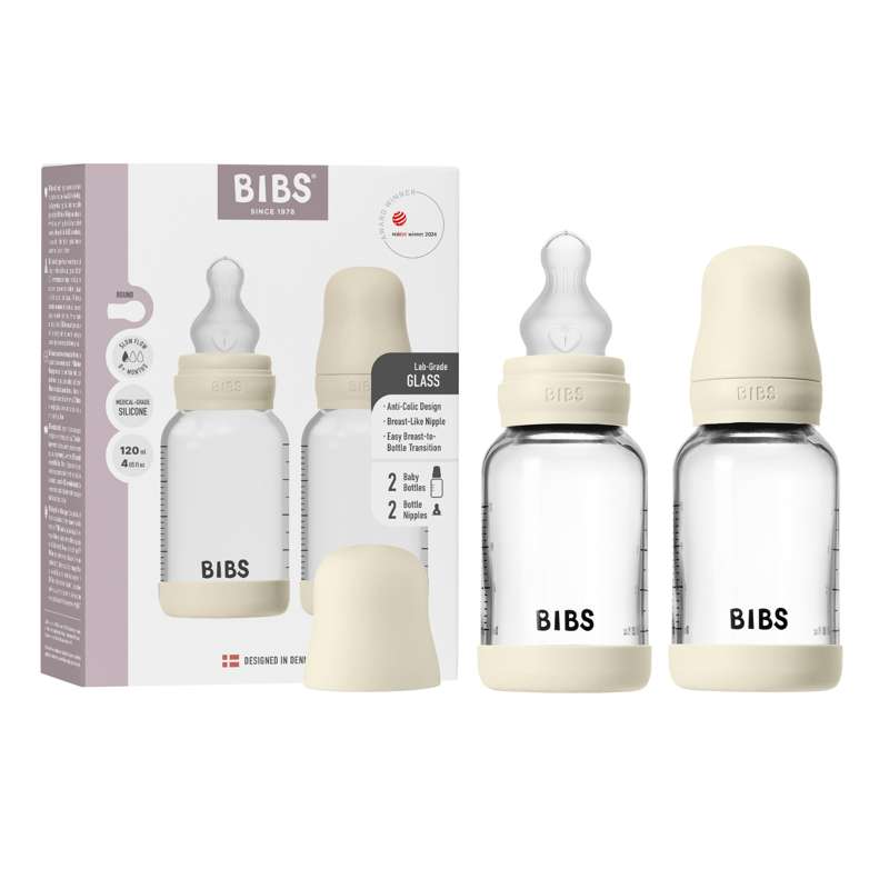 BIBS Bottle - Sutteflaskesæt - Glas - 2-pak - Silikone/Slow Flow/Rund - 120ml - Ivory