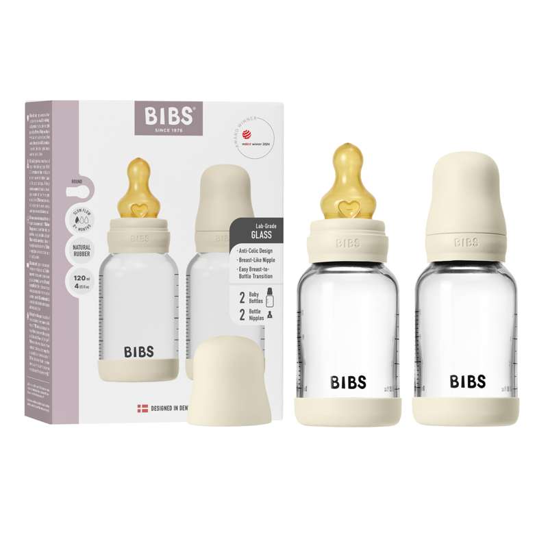BIBS Bottle - Sutteflaskesæt - Glas - 2-pak - Naturgummi/Slow Flow/Rund - 120ml - Ivory