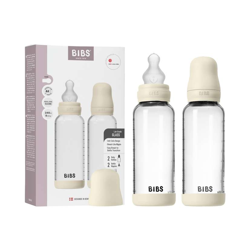 BIBS Bottle - Sutteflaskesæt - Glas - 2-pak - Silikone/Slow Flow/Rund - 240ml - Ivory