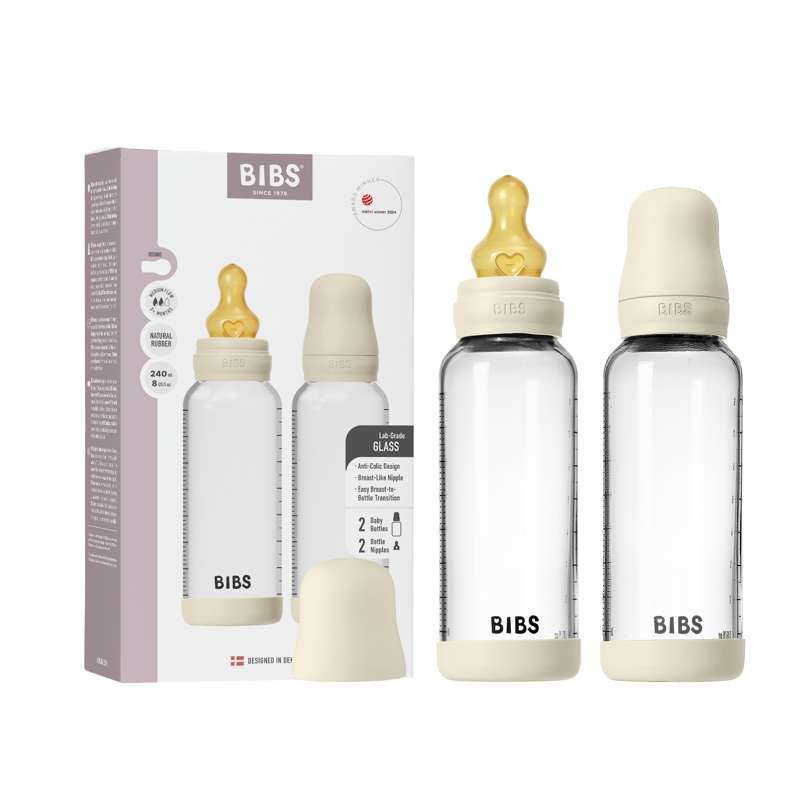 BIBS Bottle - Sutteflaskesæt - Glas - 2-pak - Naturgummi/Medium Flow/Rund - 240ml - Ivory