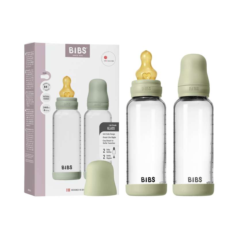 BIBS Bottle - Sutteflaskesæt - Glas - 2-pak - Naturgummi/Slow Flow/Rund - 240ml - Sage