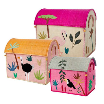 RICE Raffia Opbevaringshuse - Jungle Animals - Pink - 3 stk.