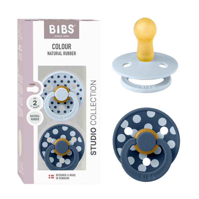BIBS Rund Colour Sut - 2-Pak - Str. 2 - Naturgummi - Polka Studio - Baby Blue/Steel Blue