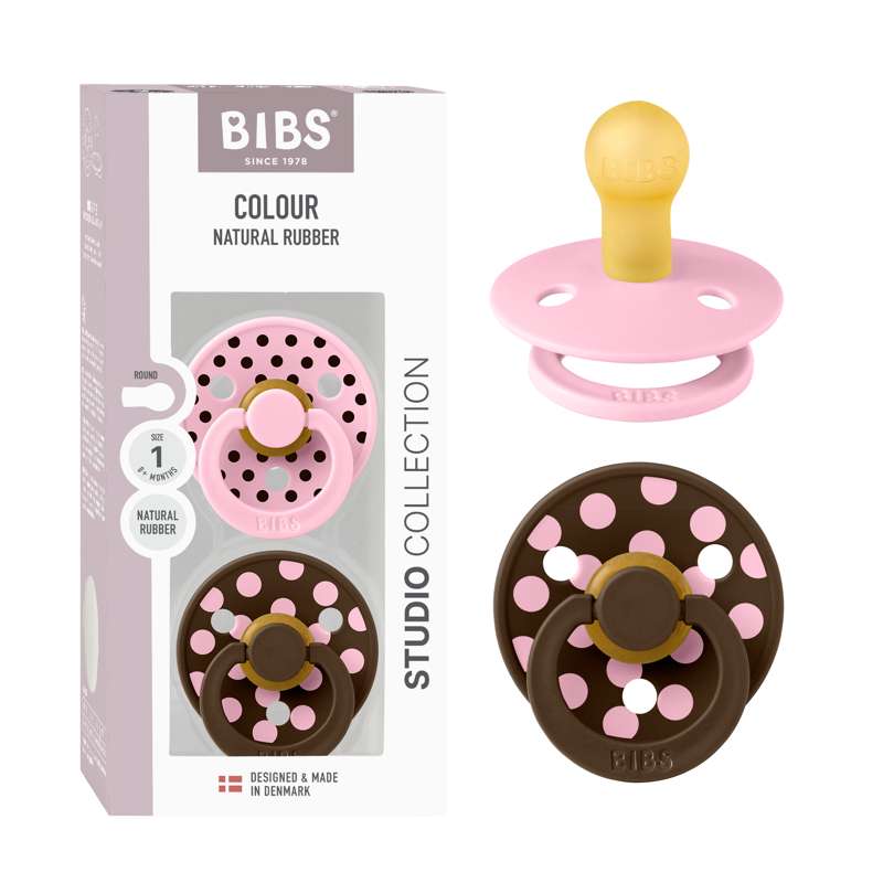 BIBS Rund Colour Sut - 2-Pak - Str. 1 - Naturgummi - Polka Studio - Baby Pink/Mocha