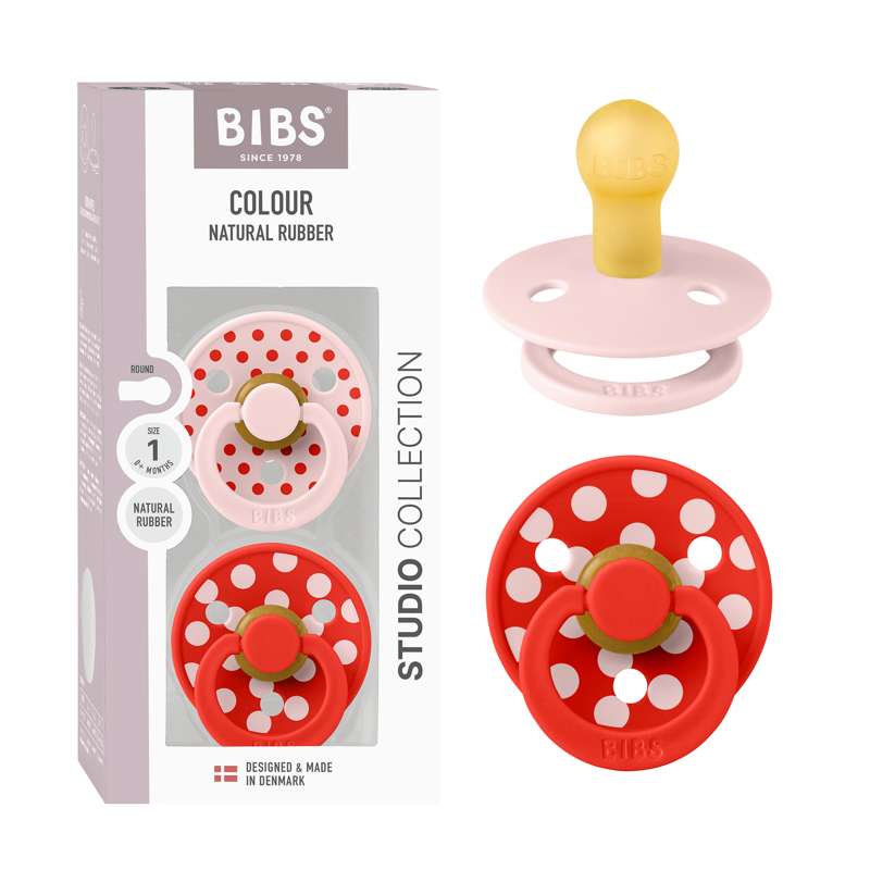 BIBS Rund Colour Sut - 2-Pak - Str. 1 - Naturgummi - Polka Studio - Blossom/Candy Apple