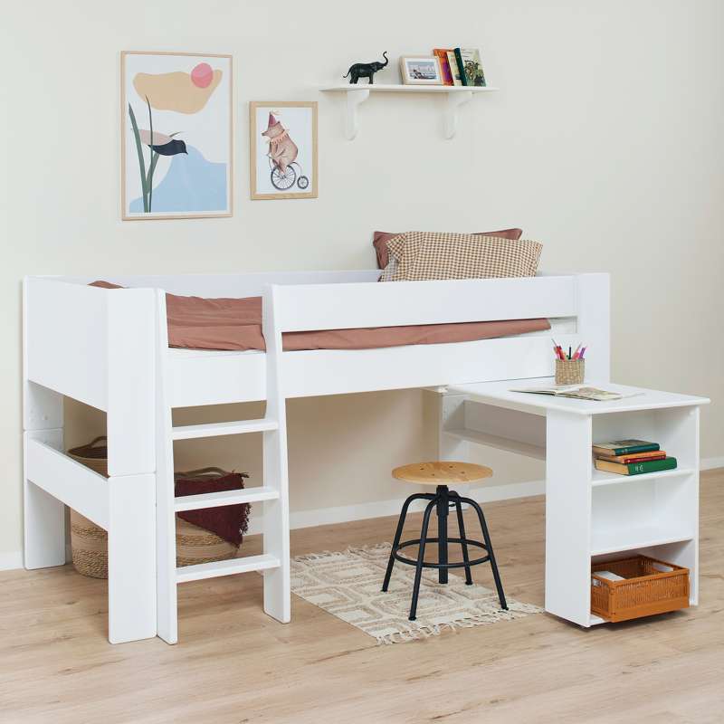 Hoppekids PURE - Halvhøj Seng m. Skrivebord - 90x200 cm - Hvid
