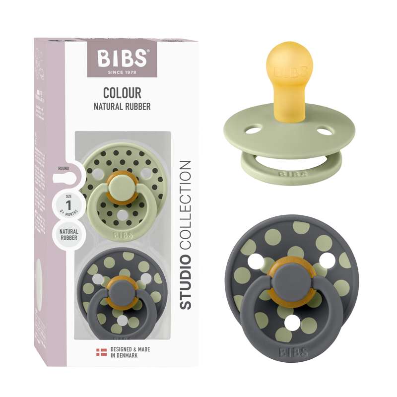 BIBS Rund Colour Sut - 2-Pak - Str. 1 - Naturgummi - Polka Studio - Sage/Iron