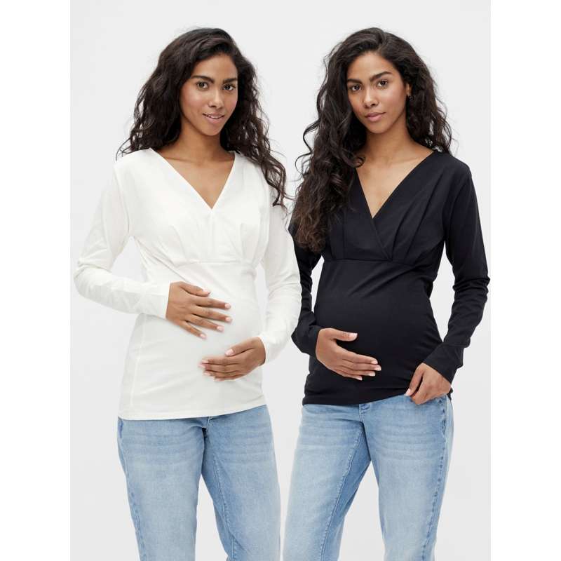 Mamalicious MLEMMA Graviditetstoppe m. Lange Ærmer - 2-pak - Sort/Hvid